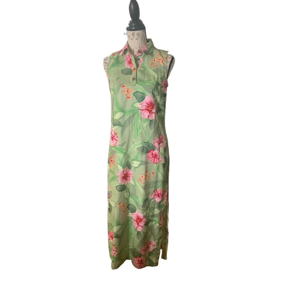 Caribbean Joe Maxi Shirt-Dress Green Tropical Floral Sleeveless Collar Size PS
